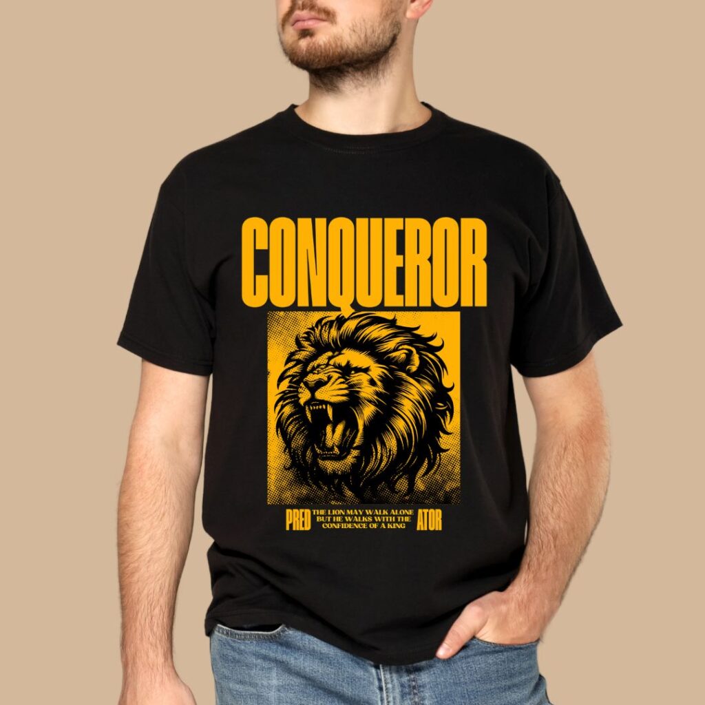 men wearing black t-shirt, conqueror text, colorful graphics on it www.printovix.com - PrintoVix men wearing black t-shirt, conqueror text, colorful on it www.printovix.com