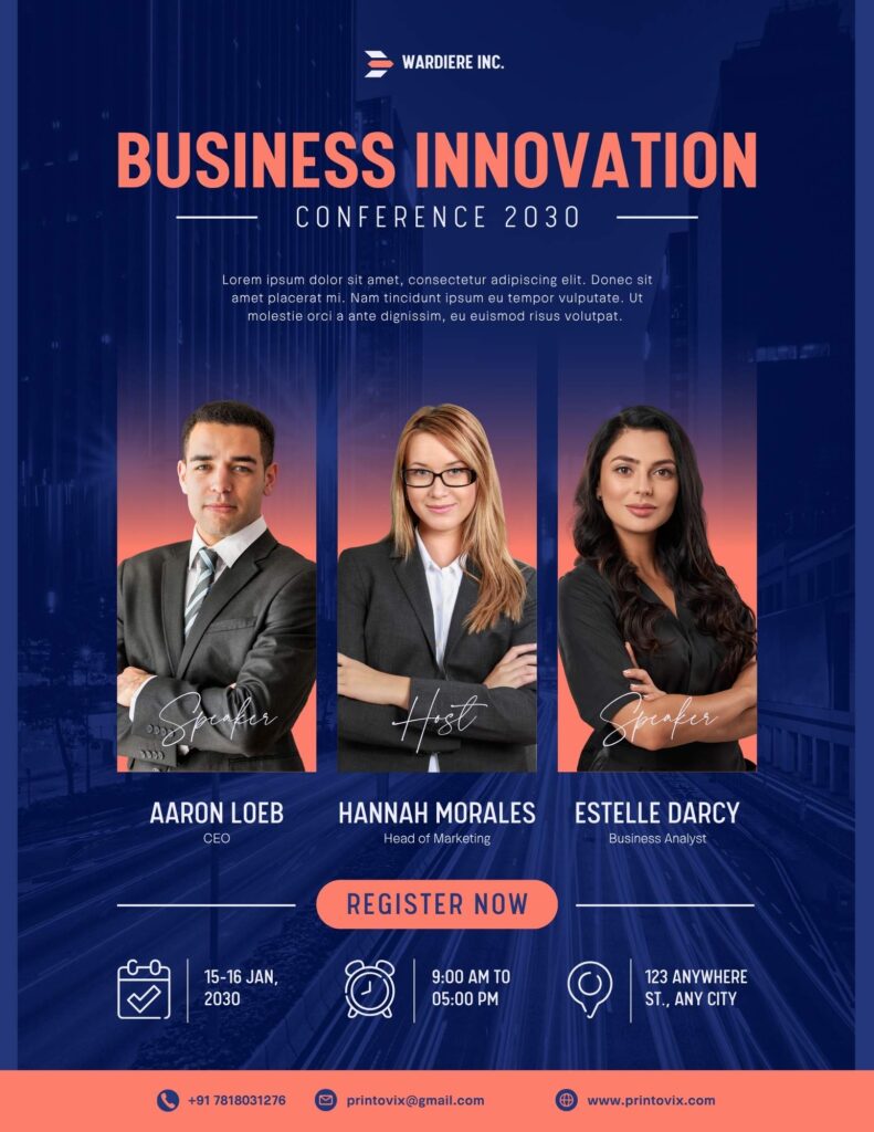 Poster for Business Innovation Conference 2030 with three speakers in suits and a Register Now button.