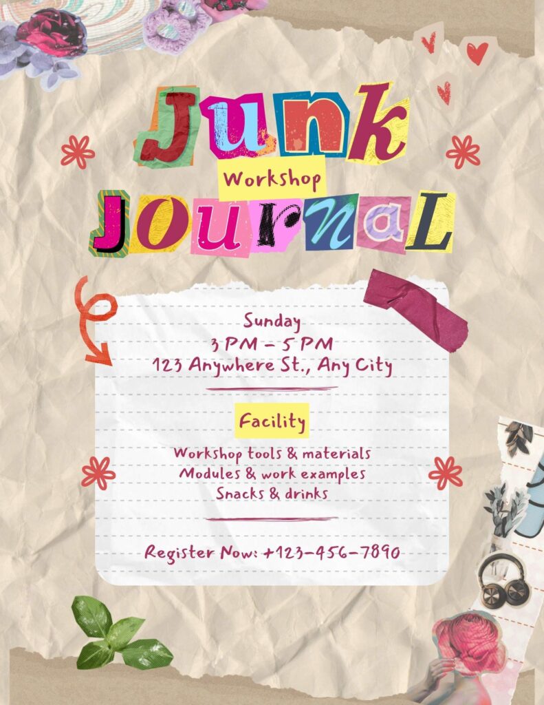 Colorful collage poster advertising a 'June Workshop Journal' event on a crumpled paper background with floral and tape accents, conveying a playful handmade vibe.