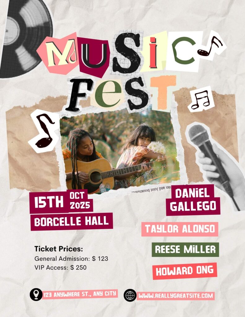 Collage-style music festival poster with two women playing guitar, and bold torn-paper letters spelling 'Music Fest' over a mixed-media background; includes dates and venue hints.