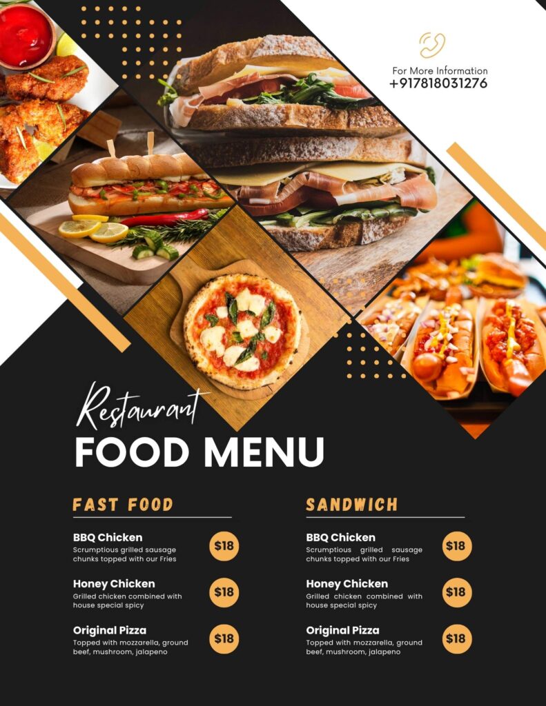 Collage-style restaurant menu cover with sandwiches, pizza, fried chicken and hot dogs; bold black background and orange accents.