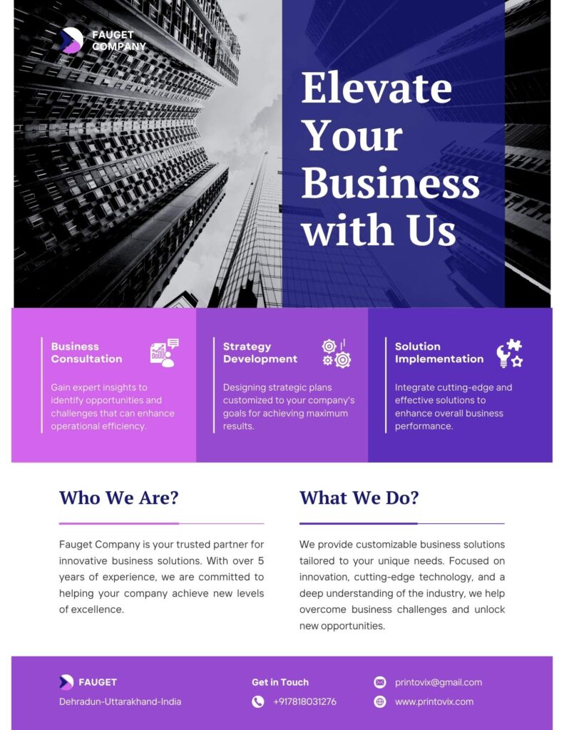 Corporate hero banner with a skyline of tall buildings, a purple overlay on the right, and the headline 'Elevate Your Business with Us' and the Fauget Company logo in the top-left corner.