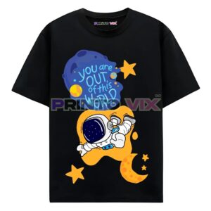 Black T-shirt featuring a cartoon astronaut helmet with stars, planets, and a crescent moon. Text reads You are out of this world in blue and white above the helmet, www.Printovix.com