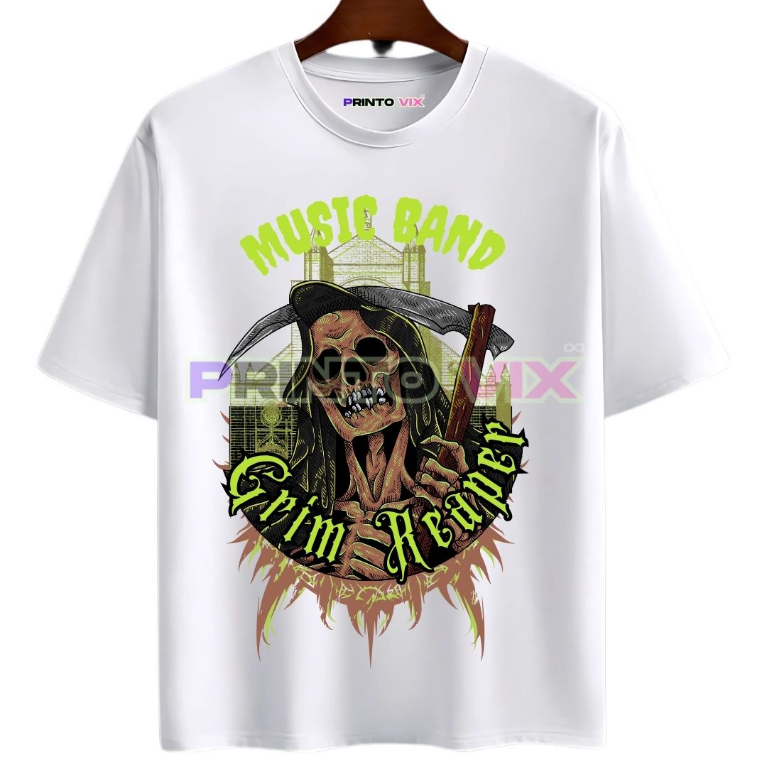 19 - PrintoVix White t-shirt with a graphic of a hooded grim reaper holding a guitar. The text above reads MUSIC BAND in green and below reads Grim Reaper in a gothic font, www.Printovix.com