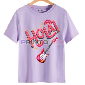 23 - PrintoVix A light purple T-shirt on a hanger features the word HOLA! in bold, colorful letters, with stars and a red electric guitar graphic below the text, www.Printovix.com