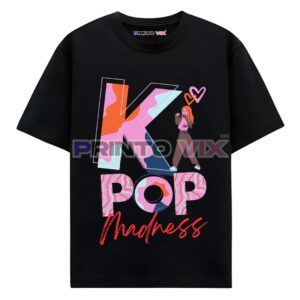 24 - PrintoVix Black T-shirt with large colorful text reading “K POP Madness.” The “K” is multicolored, and there’s a small illustrated girl with long hair and a heart next to the letter, www.Printovix.com