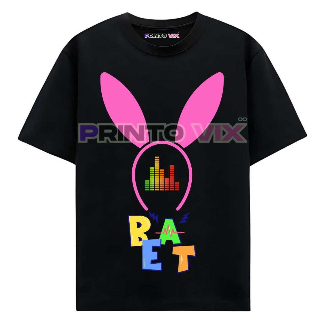 25 - PrintoVix Black t-shirt with large pink bunny ears, a colorful equalizer design in the center, and the word BEAT in bold, playful letters below, www.Printovix.com