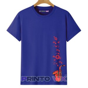 A blue t-shirt featuring a colorful saxophone design in the lower right corner, with red and orange musical notes rising upward from the instrument, www.Printovix.com