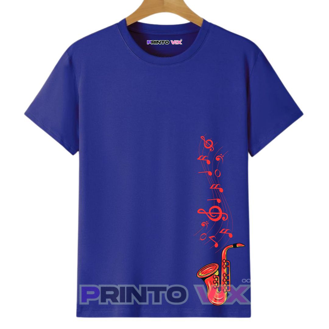 26 - PrintoVix A blue t-shirt featuring a colorful saxophone design in the lower right corner, with red and orange musical notes rising upward from the instrument, www.Printovix.com