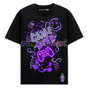 Black t-shirt with a neon purple design featuring the words GAME OVER, a game controller, confetti, and a small cartoon pineapple character at the bottom right, www.Printovix.com