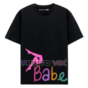 A black T-shirt featuring pink graphic legs and the colorful word Babe in large letters near the bottom. The brand PRINTO VIX appears at the collar and in a watermark across the image, www.Printovix.com