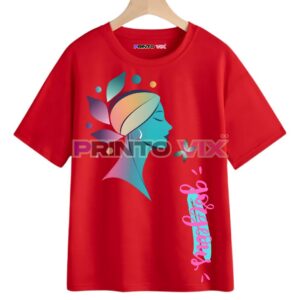 A red t-shirt features a stylized side profile of a woman with colorful abstract shapes, a headband, hoop earring, and the word QUEEN in bold blue and pink script letters on the right side, www.Printovix.com