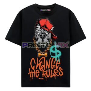 black t-shirt with the bulldog graphics and text, www.Printovix.com