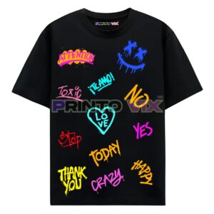 black t-shirt with the multiple women mood swings colorful text graphics, www.Printovix.com