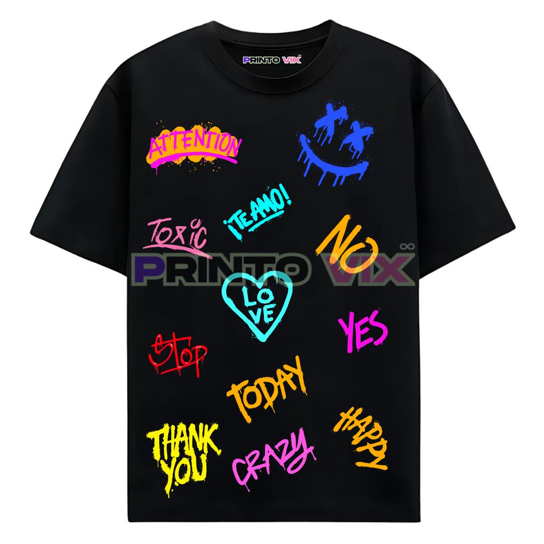 40 - PrintoVix black t-shirt with the multiple women mood swings colorful text graphics, www.Printovix.com