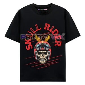 black t-shirt with skull and colorful graphics and rider text, www.Printovix.com