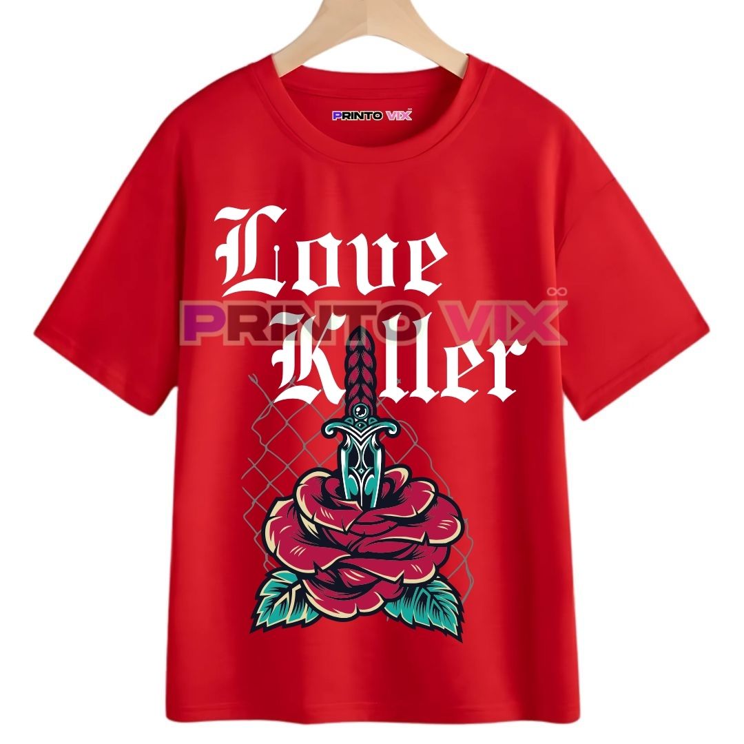 44 - PrintoVix red t-shirt with rose colorful graphics and love killer text, www.Printovix.com