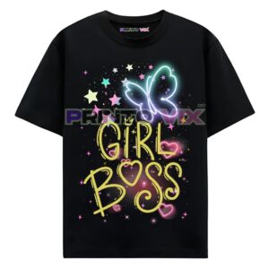 black t-shirt with colorful graphics and girl boss text, www.Printovix.com