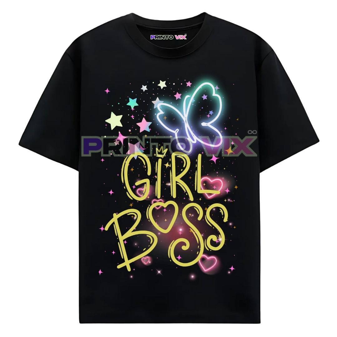 45 - PrintoVix black t-shirt with colorful graphics and girl boss text, www.Printovix.com