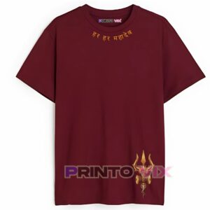 maroon t-shirt with trishol graphics and har har mahadev text, www.Printovix.com