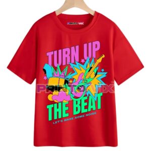 red t-shirt with colorful graphics and turn up the beat text, www.Printovix.com
