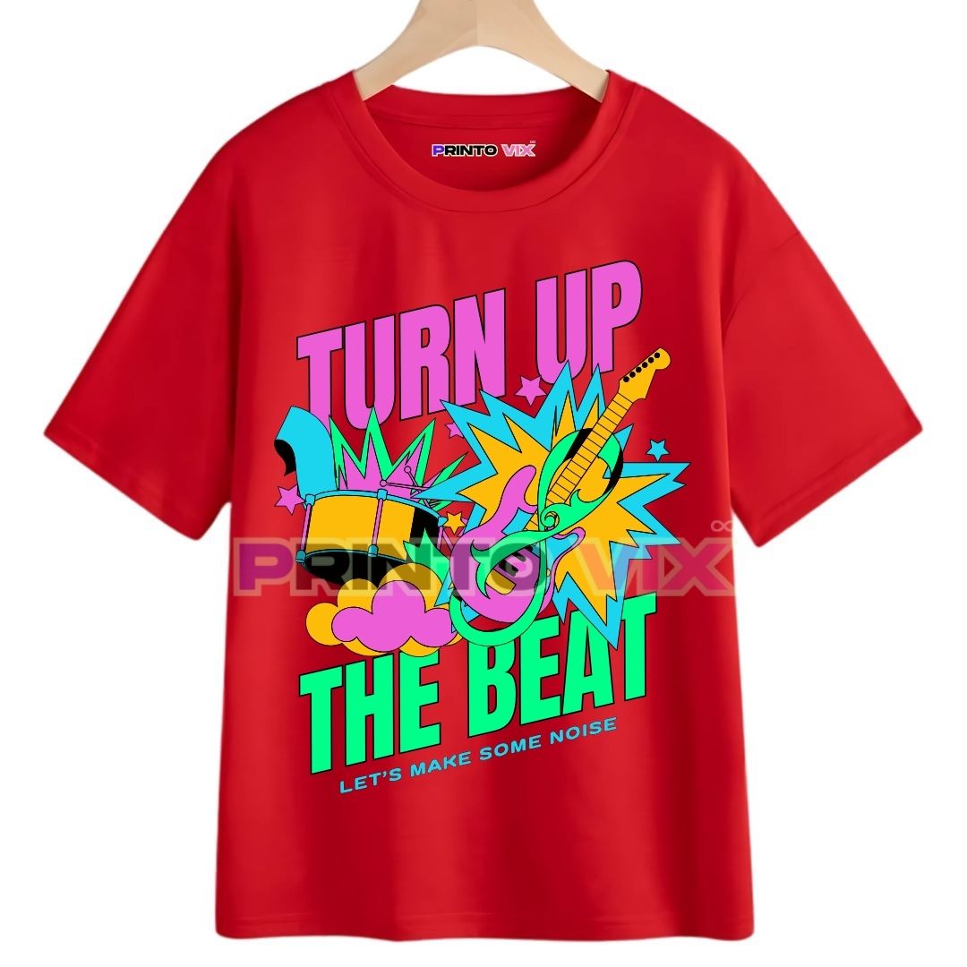 49 - PrintoVix red t-shirt with colorful graphics and turn up the beat text, www.Printovix.com