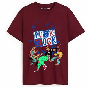 maroon t-shirt with colorful graphics and punk rock text, www.Printovix.com