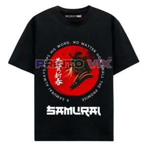 black t-shirt with colorful samurai graphics and Japanese text, www.Printovix.com