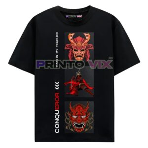 black t-shirt with samurai graphics and conqueror text, www.Printovix.com