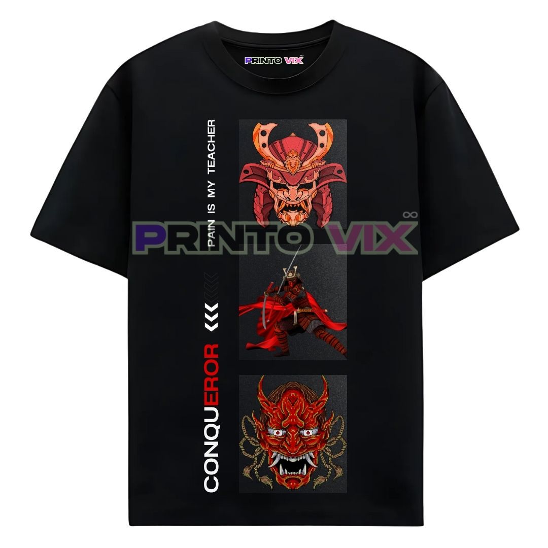 52 - PrintoVix black t-shirt with samurai graphics and conqueror text, www.Printovix.com