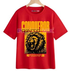 red t-shirt with lion graphics and conqueror text, www.Printovix.com