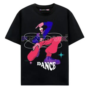 black t-shirt with graphics and dance text, www.Printovix.com
