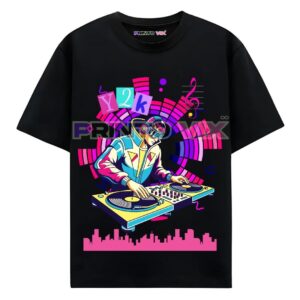 black t-shirt with graphics and y2k text, www.Printovix.com