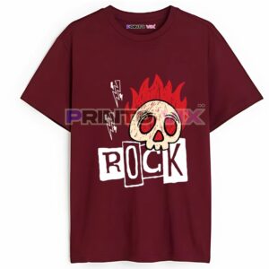 maroon t-shirt with graphics and rock text, www.Printovix.com