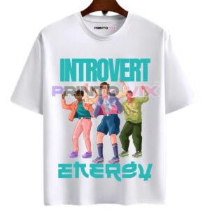 white t-shirt with graphics and introvert text, www.Printovix.com