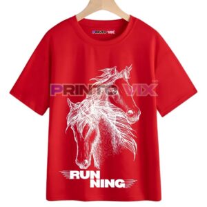 red t-shirt with horse graphics and running text, www.Printovix.com