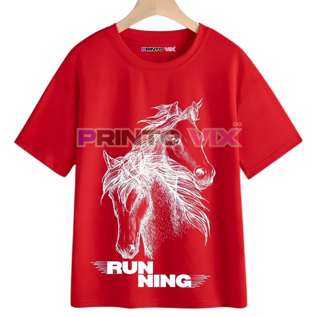 63 - PrintoVix red t-shirt with horse graphics and running text, www.Printovix.com
