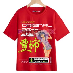 red t-shirt with women graphics and Japanese text, www.Printovix.com