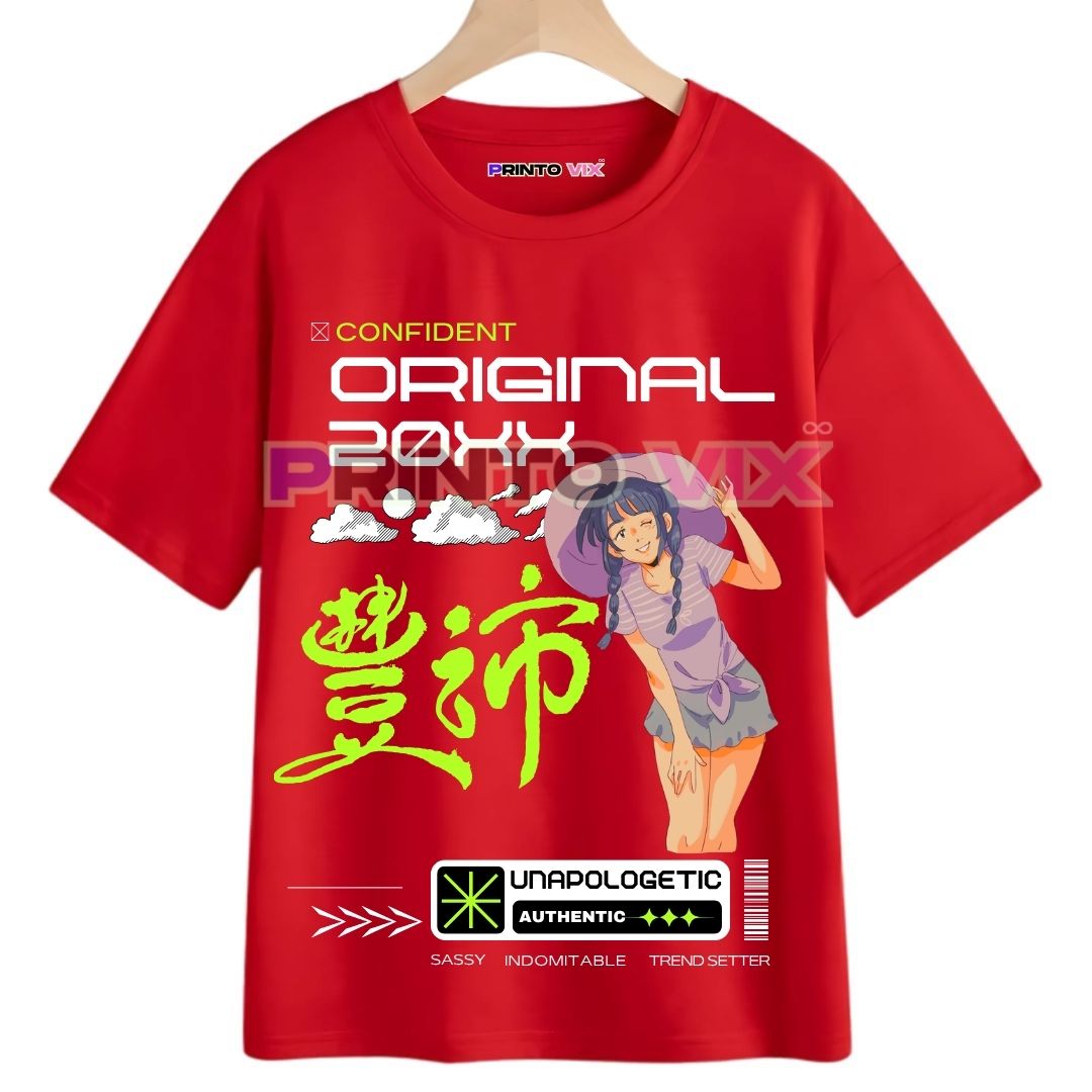 64 - PrintoVix red t-shirt with women graphics and Japanese text, www.Printovix.com