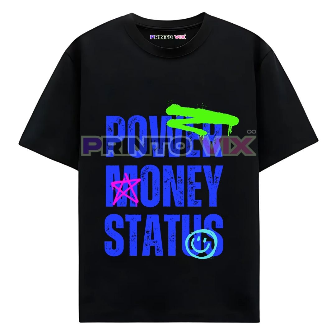 66 - PrintoVix black t-shirt with graphics and power money status text, www.Printovix.com