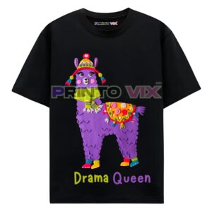 black t-shirt with colorful goat graphics and drama queen text, www.Printovix.com