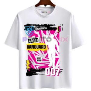 white t-shirt with graphics and vanguard text, www.Printovix.com