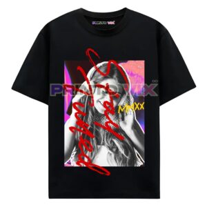 black t-shirt with women graphics and stay tuned text, www.Printovix.com