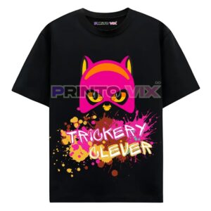 black t-shirt with bird graphics and trickery clever text, www.Printovix.com