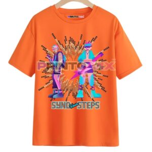 orange t-shirt with guitarist graphics and sync your steps text, www.Printovix.com