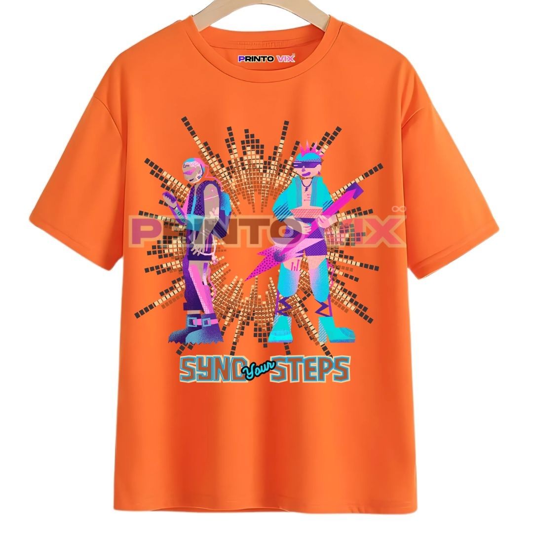 76 - PrintoVix orange t-shirt with guitarist graphics and sync your steps text, www.Printovix.com
