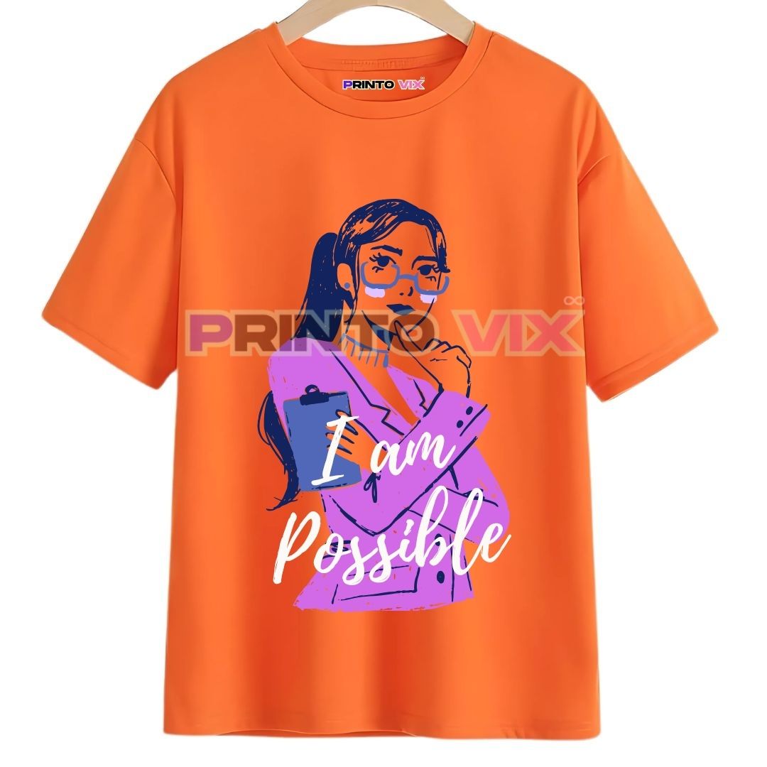 77 - PrintoVix orange t-shirt with women graphics and i am possible text, www.Printovix.com