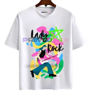 white t-shirt with colorful graphics with women and lady rock text, www.Printovix.com