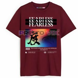 maroon t-shirt with colorful graphics and fearless text, www.Printovix.com