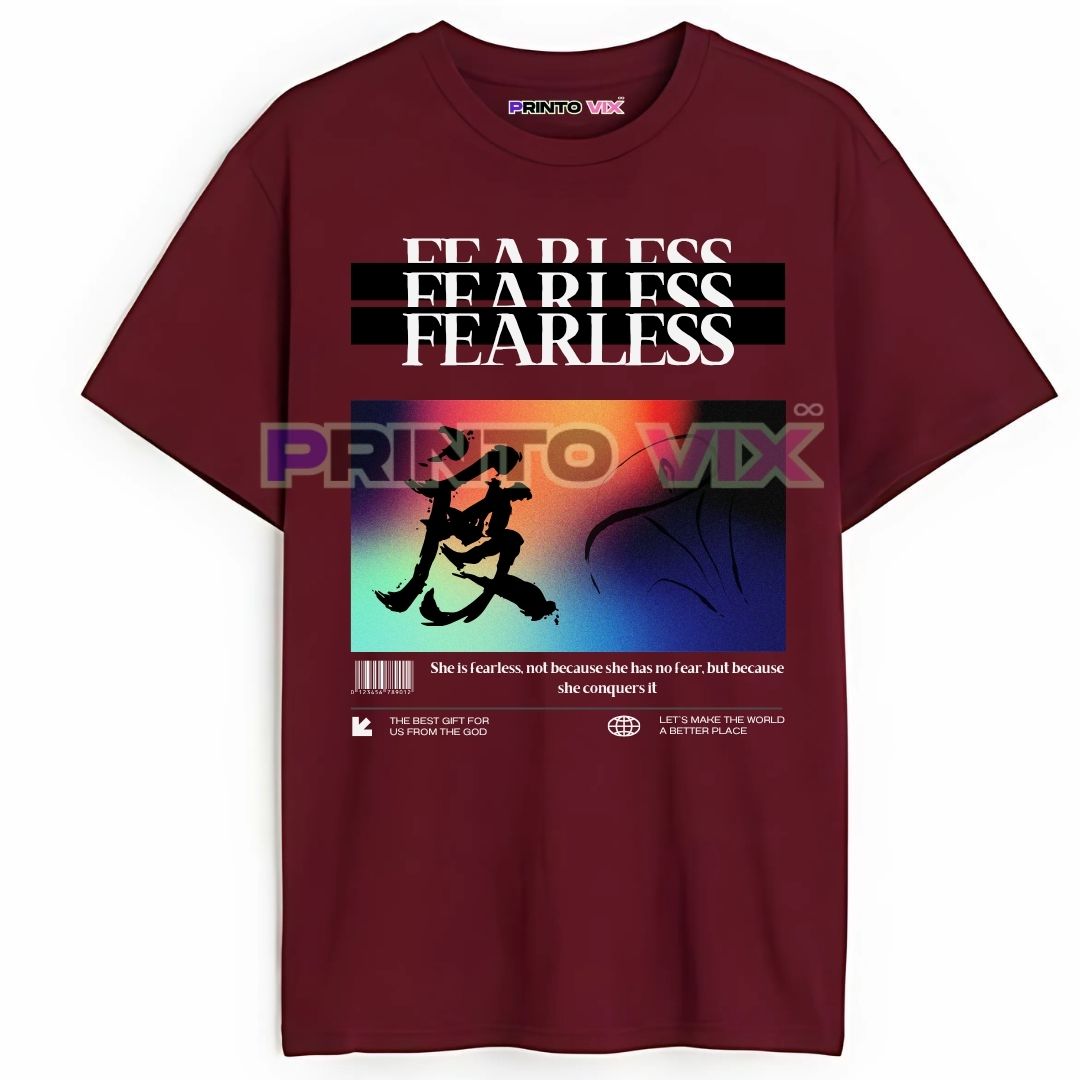 83 - PrintoVix maroon t-shirt with colorful graphics and fearless text, www.Printovix.com